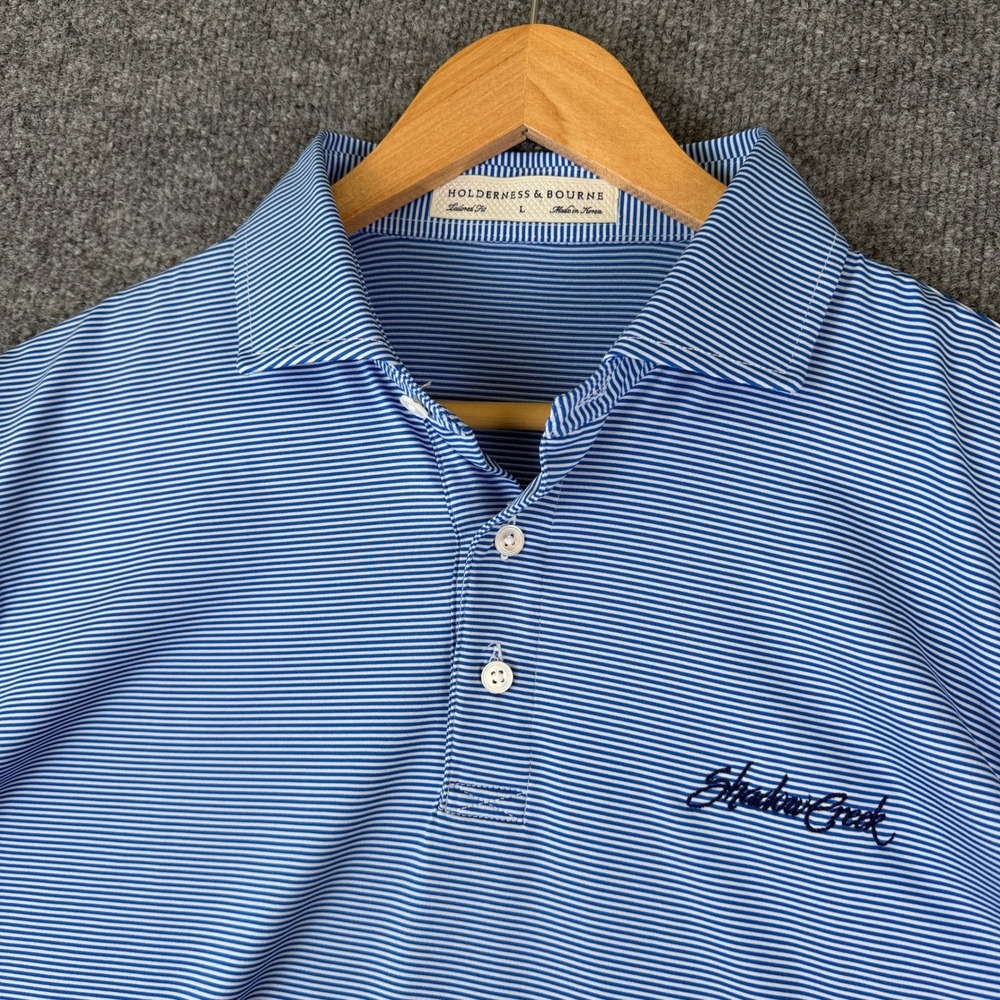 Holderness & Bourne Polo Shirt Mens L Blue Striped Shadow Creek Golf Performance